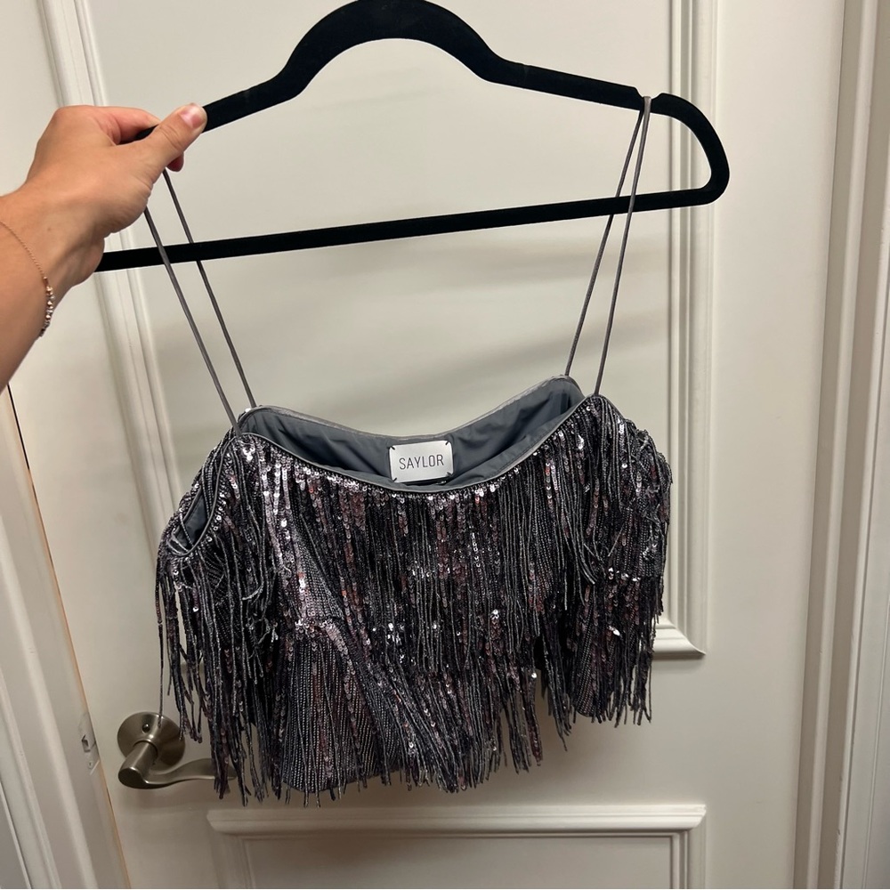 SAYLOR Melora Sequin Fringed Crop Top size L - Picture 3 of 4